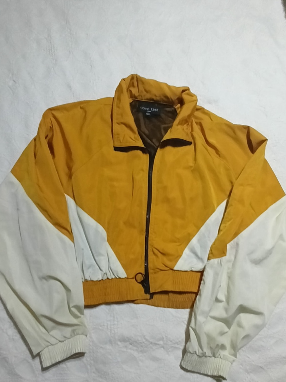 Love Tree Mustard and White Cropped Bomber Jacket